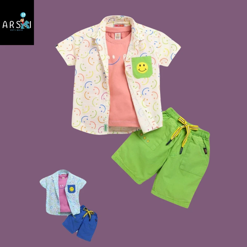 Boys 3 Piece Smiley Print Shirt, Tee & Shorts Set | Fun Summer Outfit in Pink & Green