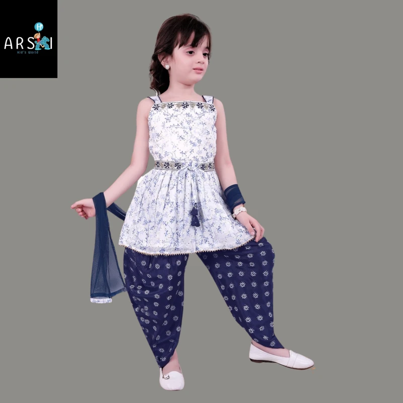 Girls White and Navy Blue Patiala Suit | Floral Printed Stylish Ethnic Set