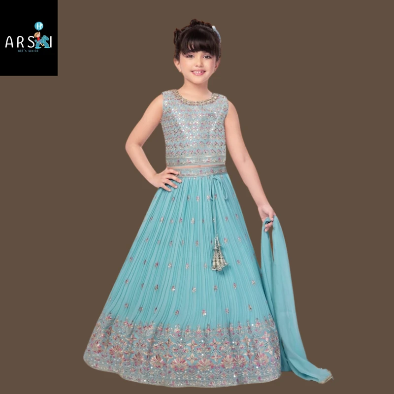 Girls Sky Blue Embroidered Anarkali Gown with Dupatta | Festive Floor Length Party Dress
