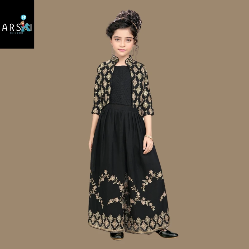 Girls Black Ethnic Palazzo Set with Embroidered Jacket | Stylish Indo-Western Dress for Kids