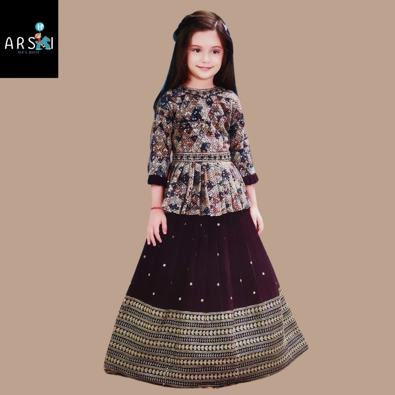 Girls Maroon Printed Peplum Top with Embroidered Lehenga | Stylish Festive Wear for Kids