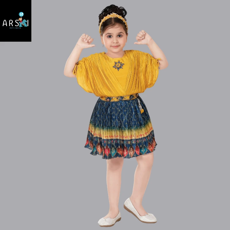 Girls Yellow & Blue Pleated Festive Dress | Stylish Traditional Printed Frock for Kids