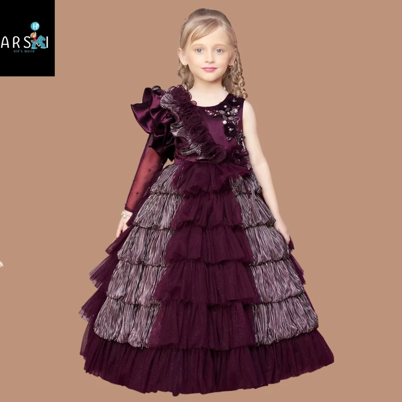 Girls Wine Ruffle Layered Party Gown | Designer One Shoulder Birthday Dress for Kids