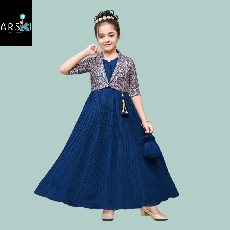 Dark Blue Pleated Skirt with a Patterned Bolero-Style Jacket