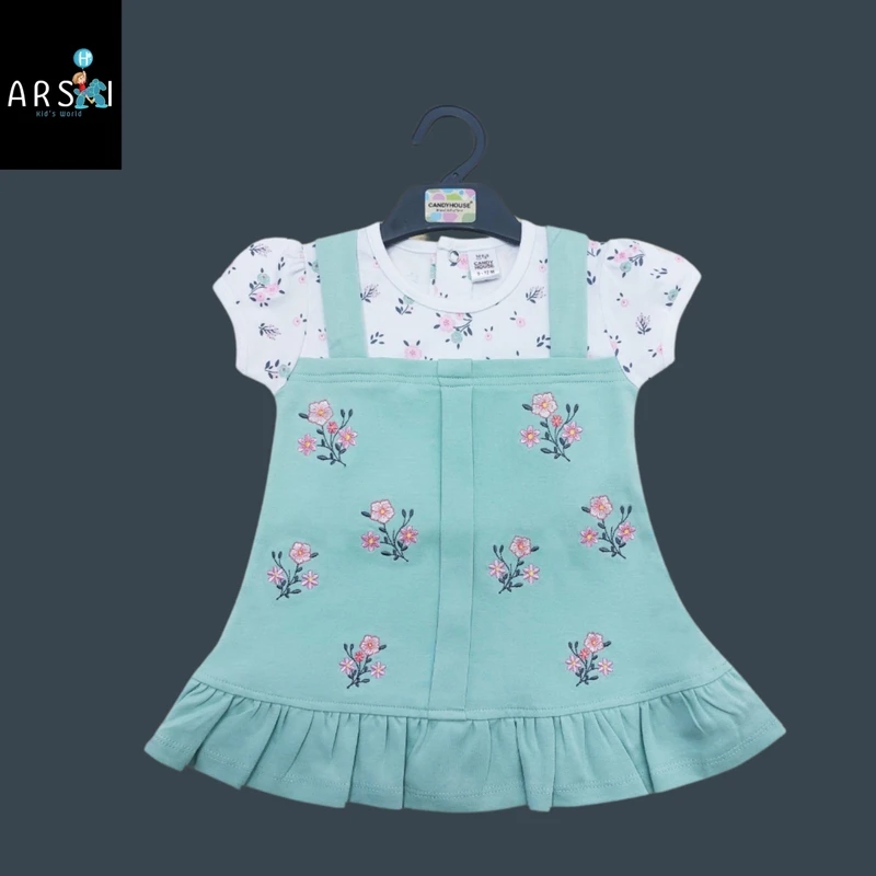 Girls Mint Green Floral Frock with Inner Tee | 2-Piece Ruffle Dress Set for Toddlers