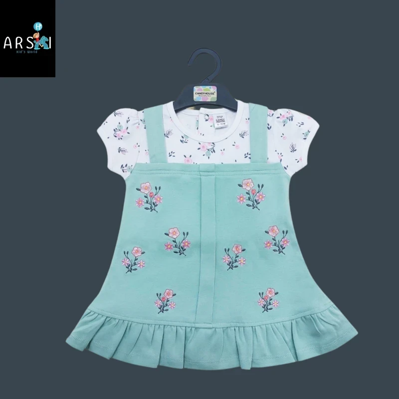 Girls Mint Green Floral Frock with Inner Tee | 2-Piece Ruffle Dress Set for Toddlers