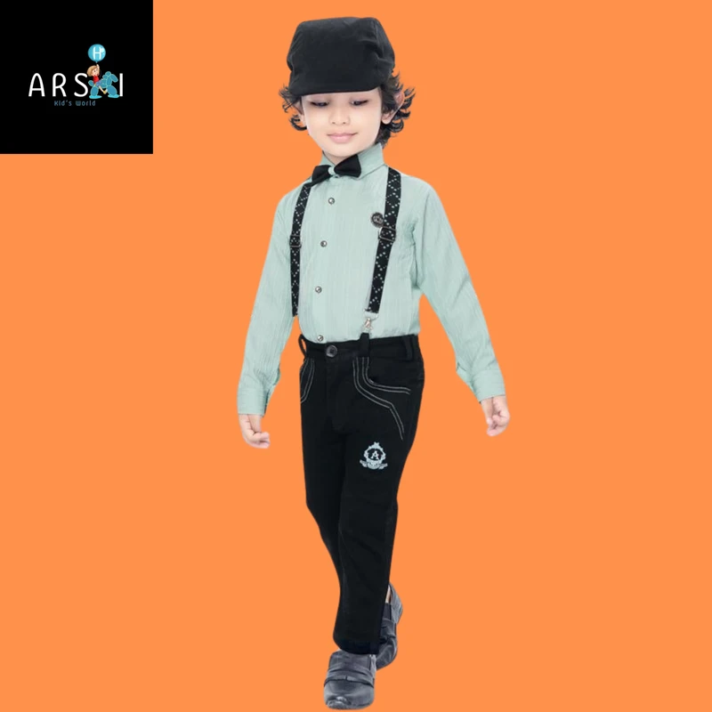 Boys Mint Green Formal Dress Set | Shirt, Bow Tie, Suspenders & Cap Party Outfit for Kids