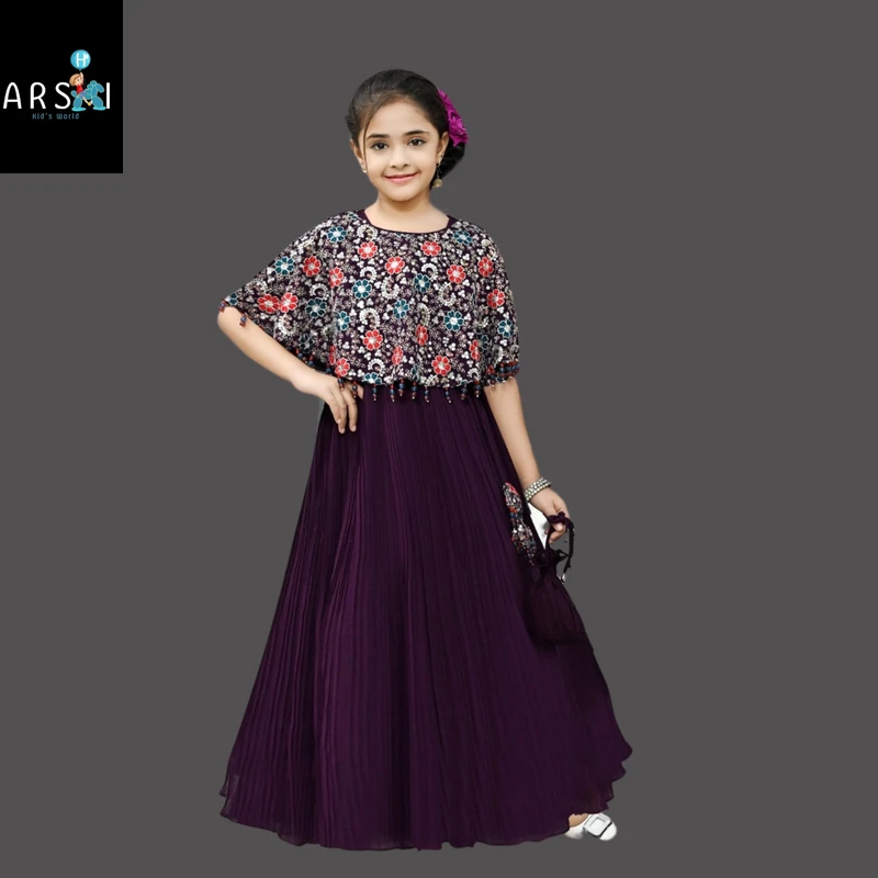 Girls Purple Gown with Floral Cape | Elegant Party Wear Dress with Matching Potli Bag
