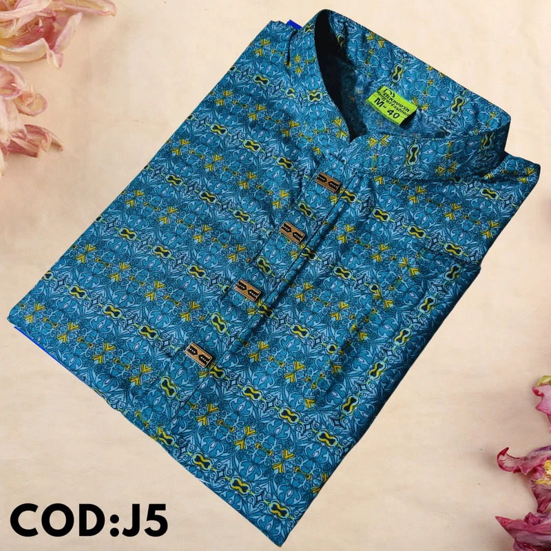 Blue Fitted Jacquard Cotton Panjabi