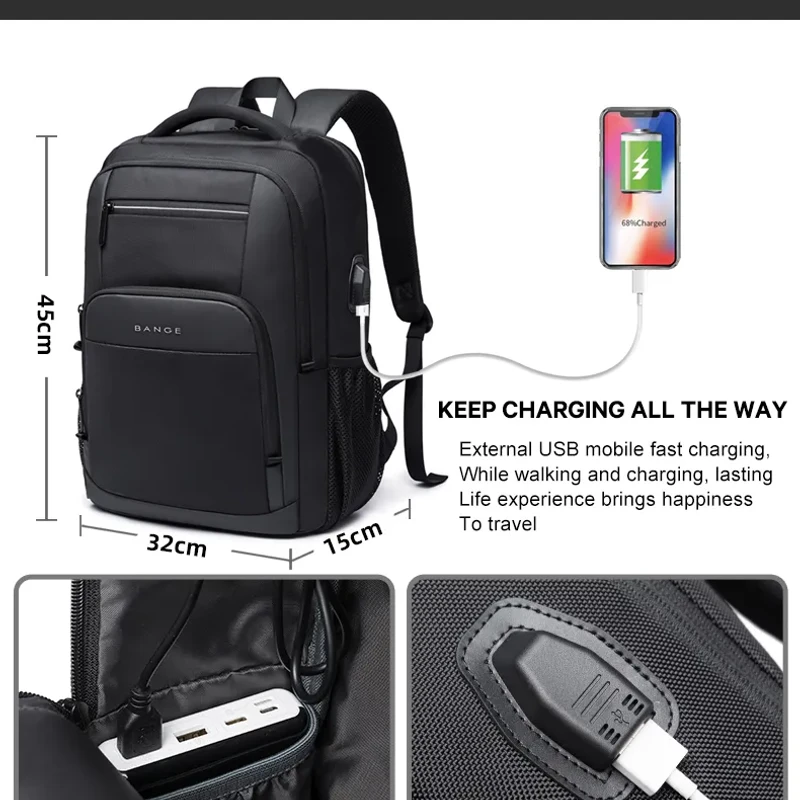 BANGE BG-1921 College Student Schoolbag Waterproof Business Computer Backpack with External USB Charging Port(Black) - Image 3