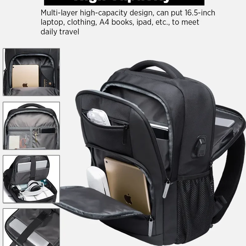 BANGE BG-1921 College Student Schoolbag Waterproof Business Computer Backpack with External USB Charging Port(Black) - Image 4