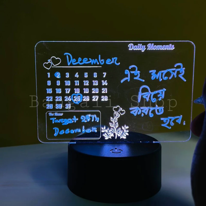 GearUP Multicolor Acrylic Night Lamp with Writable Calendar Board and Erasable Pen