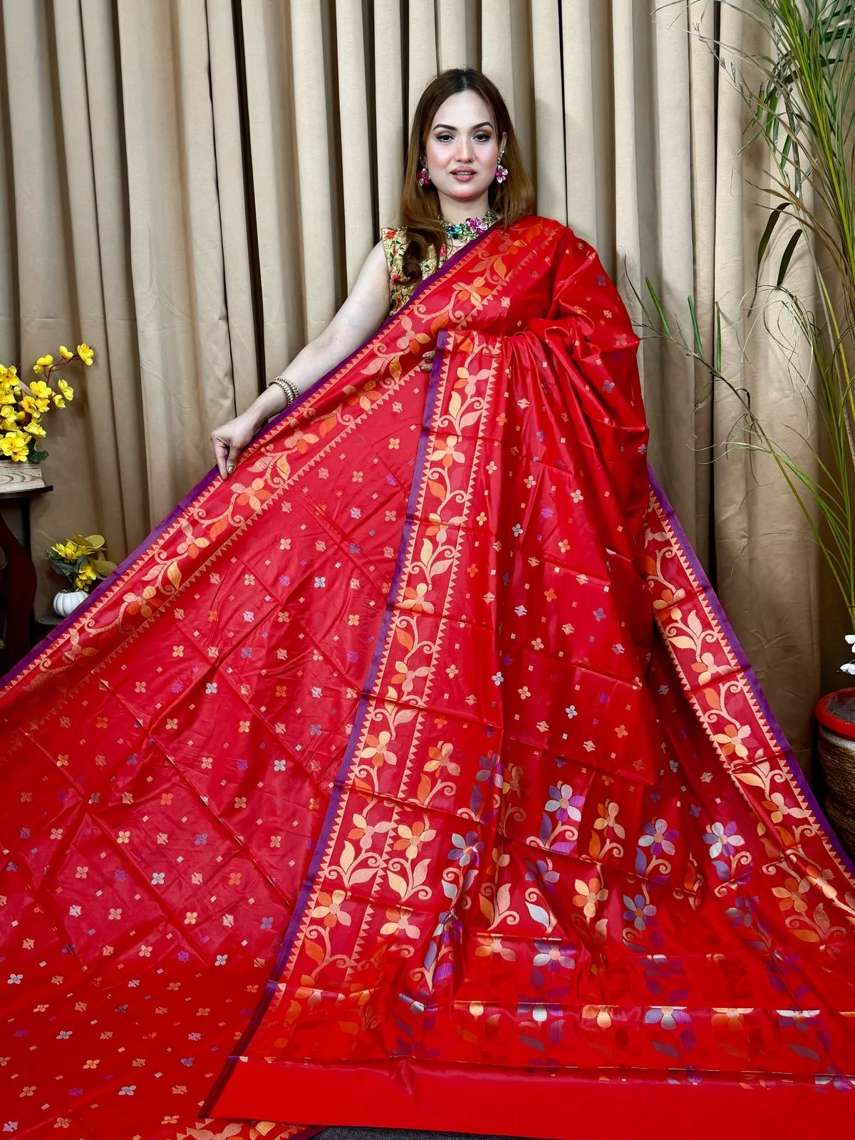 Red Katan Silk Saree
