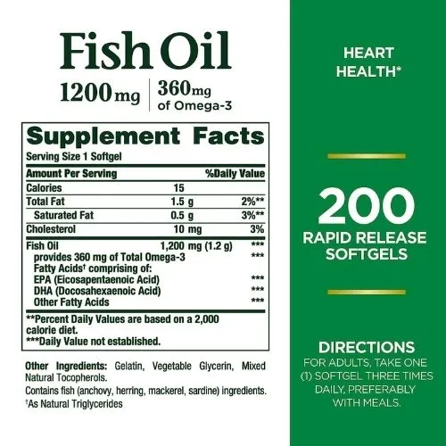 Nature's Bounty Fish Oil + Omega 3 (1200 mg) 200 Capsules - Thumbnail 4