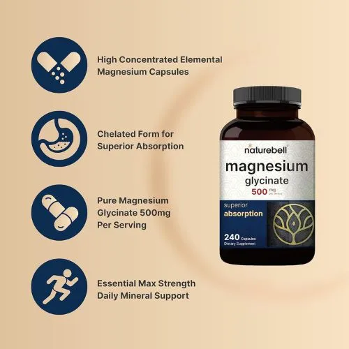 Naturebell Magnesium Glycinate 500mg (240 Capsules) | 3rd Party Tested - Thumbnail 4
