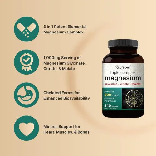 NatureBell Triple Complex Magnesium (240 Capsules) | Magnesium Glycinate 500mg with Citrate & Malate in Bangladesh - Thumbnail 3