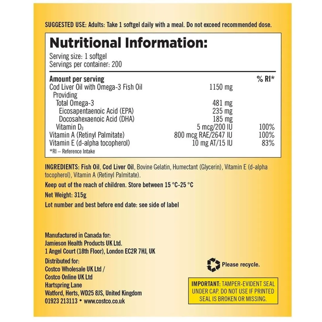 Kirkland Signature Cod Liver Oil + Omega 3 - 1150mg (200 Softgels)