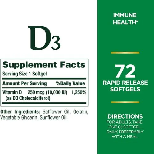 Nature's Bounty Vitamin D3 (250 mcg) 10000 IU -72 Softgels