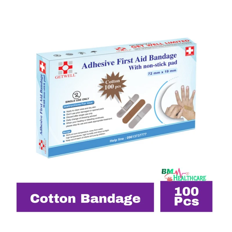 100 Pcs Getwell First Aid Strip Tape Cotton Bandage