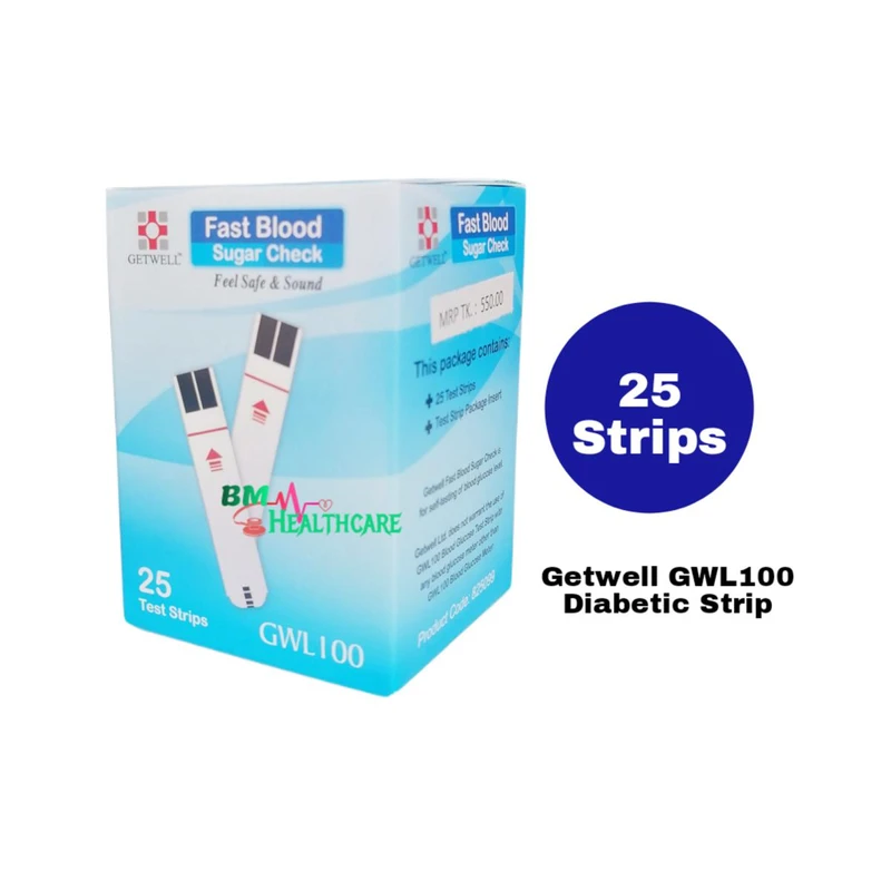 25 Pcs Test Strip of Getwell GWL 100 Fast Blood Sugar Check Monitor Diabetic Machine Strip (01 Pot)