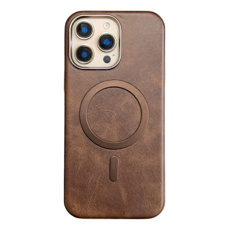 Retro Electroplated Frame PU Leather Texture MagSafe For iPhone