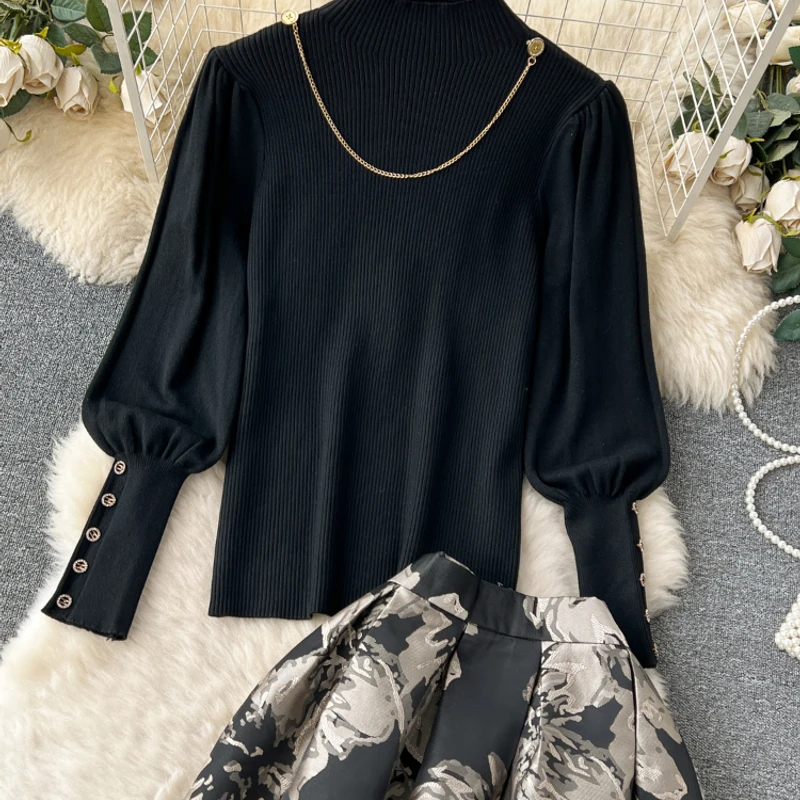 Women Vintage Two Piece Sets Black Pullover Top and Slim A-line Jacquard Floral Long Skirt Elegant Outfits