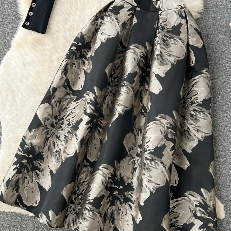 Women Vintage Two Piece Sets Black Pullover Top and Slim A-line Jacquard Floral Long Skirt Elegant Outfits - Thumbnail 3