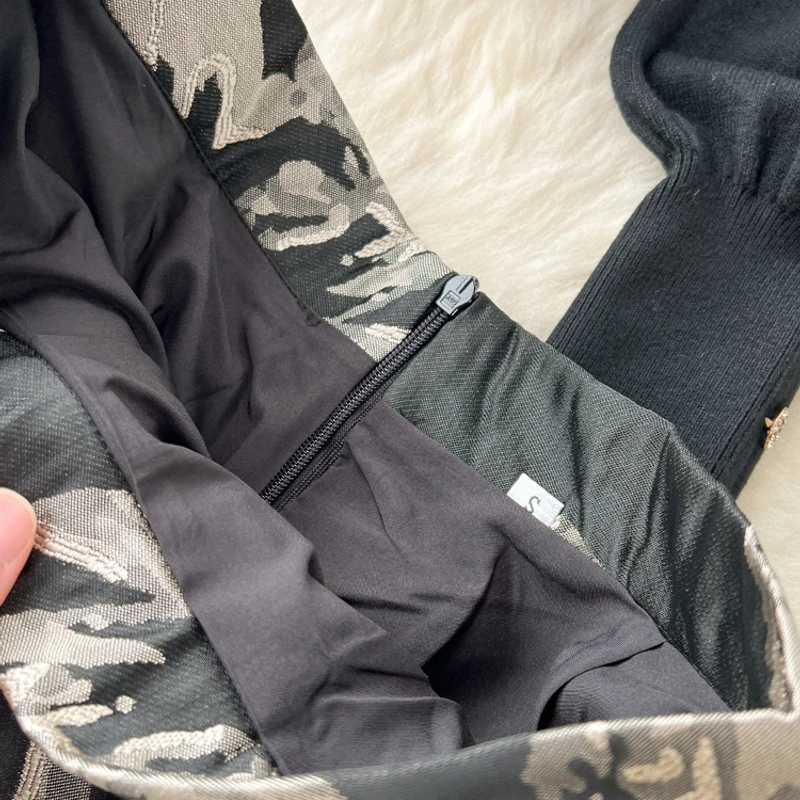 Women Vintage Two Piece Sets Black Pullover Top and Slim A-line Jacquard Floral Long Skirt Elegant Outfits - Thumbnail 5