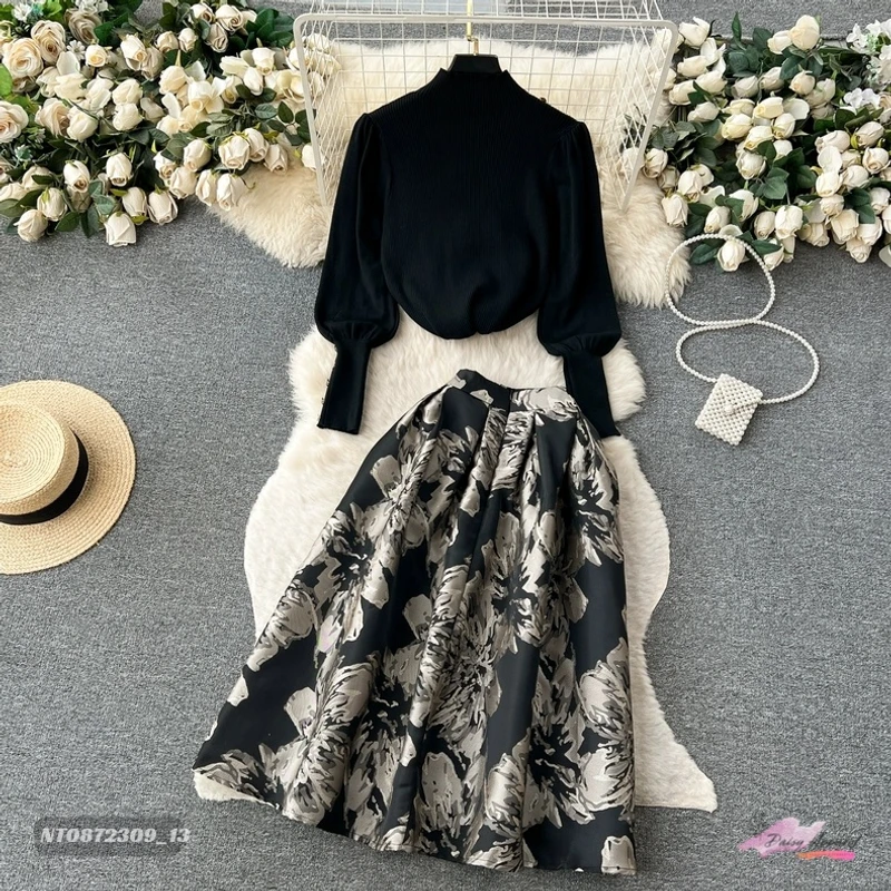Women Vintage Two Piece Sets Black Pullover Top and Slim A-line Jacquard Floral Long Skirt Elegant Outfits