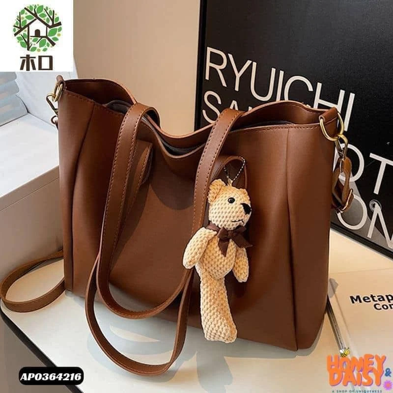 Texture soft tote bag commuter shoulder bag messenger bag with doll