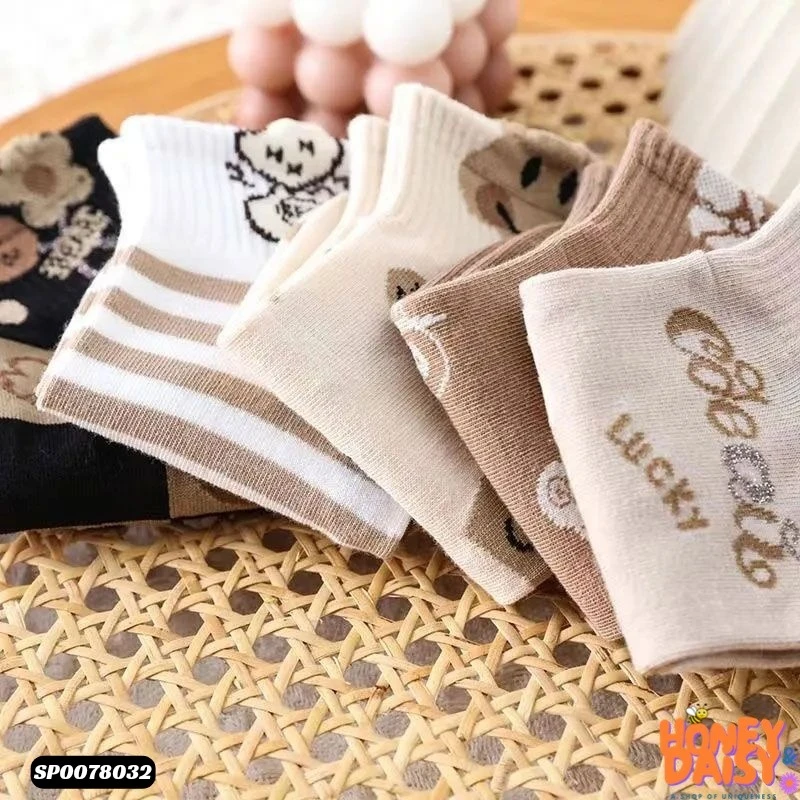 Women Elegant Retro Japanese Style Casual Cotton Short 5 Pairs Socks Sets
