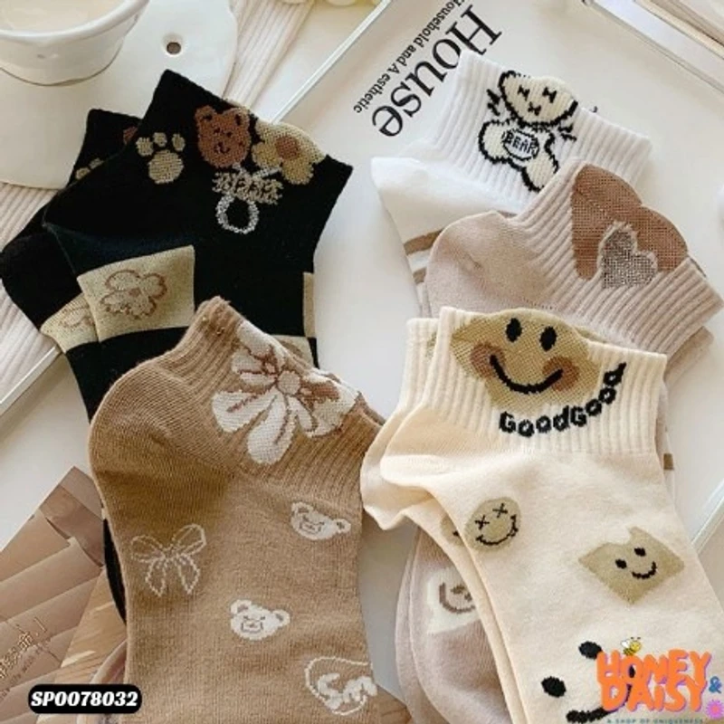 Women Elegant Retro Japanese Style Casual Cotton Short 5 Pairs Socks Sets - Thumbnail 3