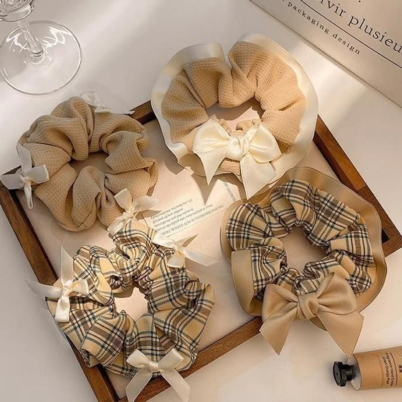 Coffee color plaid bow knot large intestine hair band