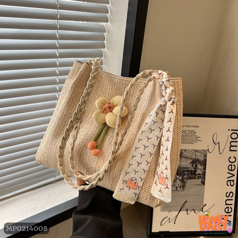 Woven straw floral bag - Thumbnail 3