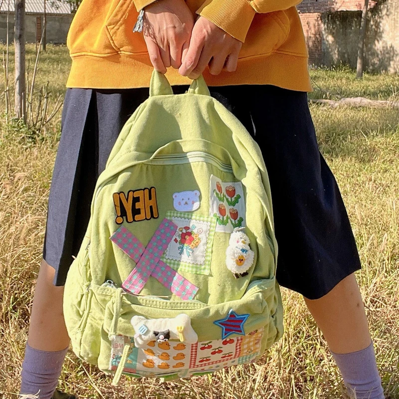 Retro Cartoon Cute Stickers Canvas Kawaii Backpack High Capacity Student Bag Storage Bag Travel Backpack School Bag