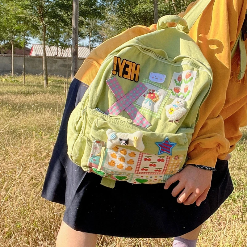 Retro Cartoon Cute Stickers Canvas Kawaii Backpack High Capacity Student Bag Storage Bag Travel Backpack School Bag