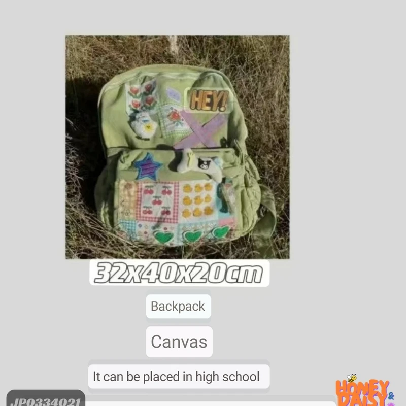 Retro Cartoon Cute Stickers Canvas Kawaii Backpack High Capacity Student Bag Storage Bag Travel Backpack School Bag - Thumbnail 6