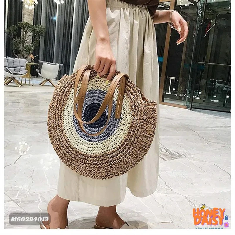 simple woven bag large capacity round hand-woven straw holiday fashion shoulder bag