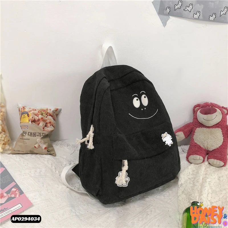 School corduroy backpack with smiley face - Thumbnail 3