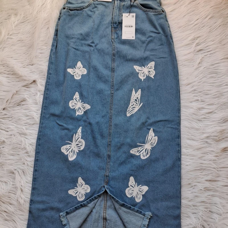 Faded blue butterfly printed slited skirt