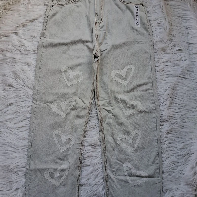 Off White Heart Printed Baggy Jeans