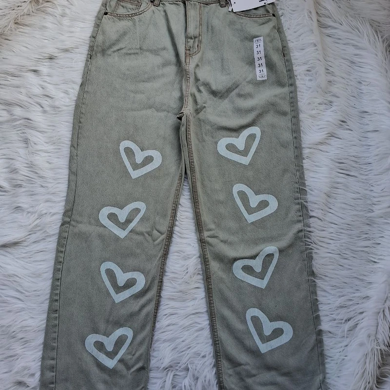Olive Heart Printed Baggy Jeans