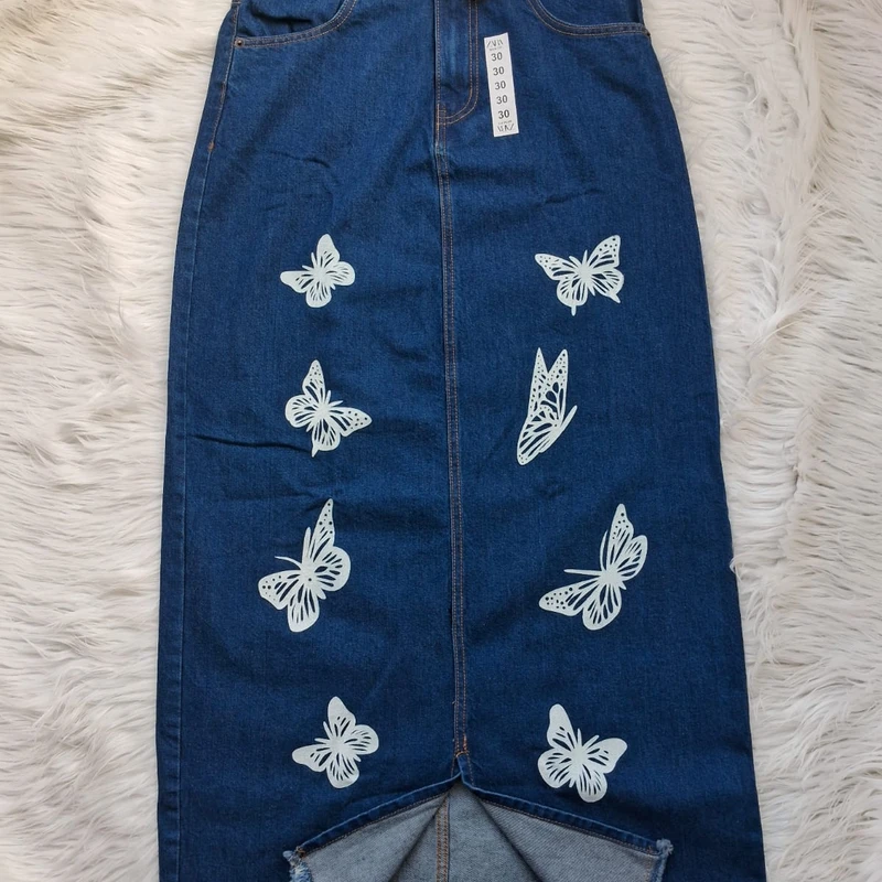 Deep blue butterfly printed slited skirt