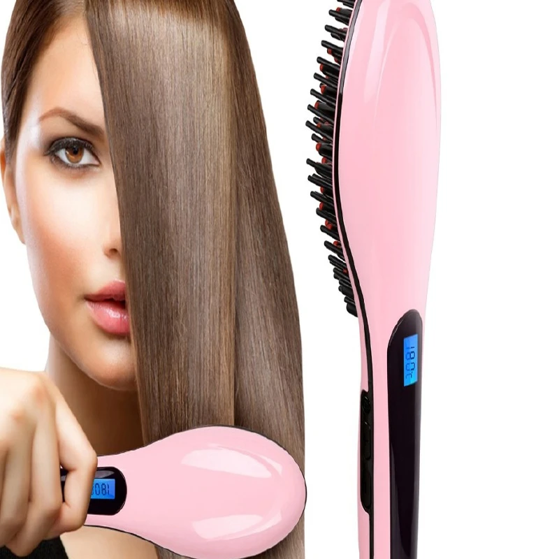 Electric Fast Hair Straightener Brush - Black and Pink