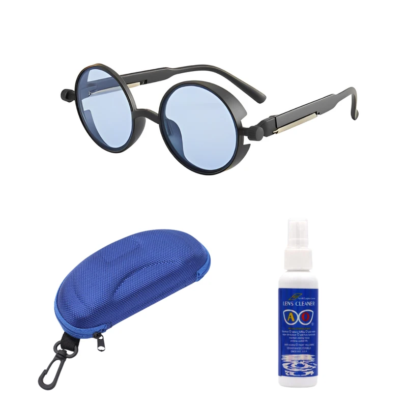 Retro Decorative Round Frame Fashionable Eyeglasses with Box & Glass Cleaning Spray