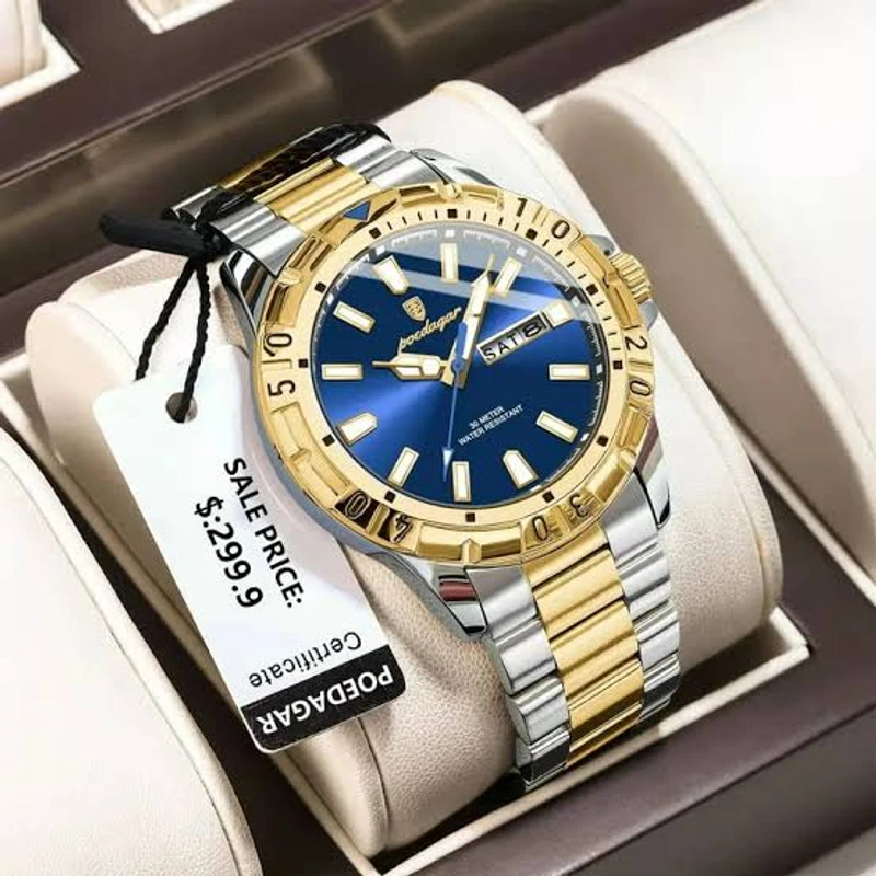 POEDAGAR 959 Exclusive Men's Wrist Watch Stainless Steel Fashionable Quartz Watch- Twotone Blue