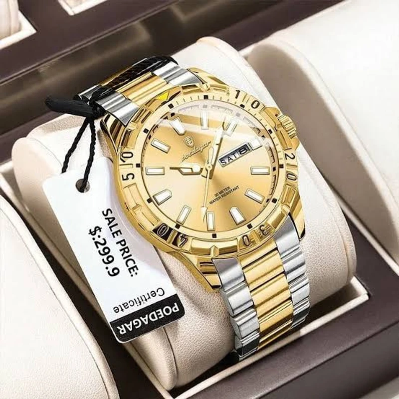 POEDAGAR 959 Exclusive Men's Wrist Watch Stainless Steel Fashionable Quartz Watch- twotone gold