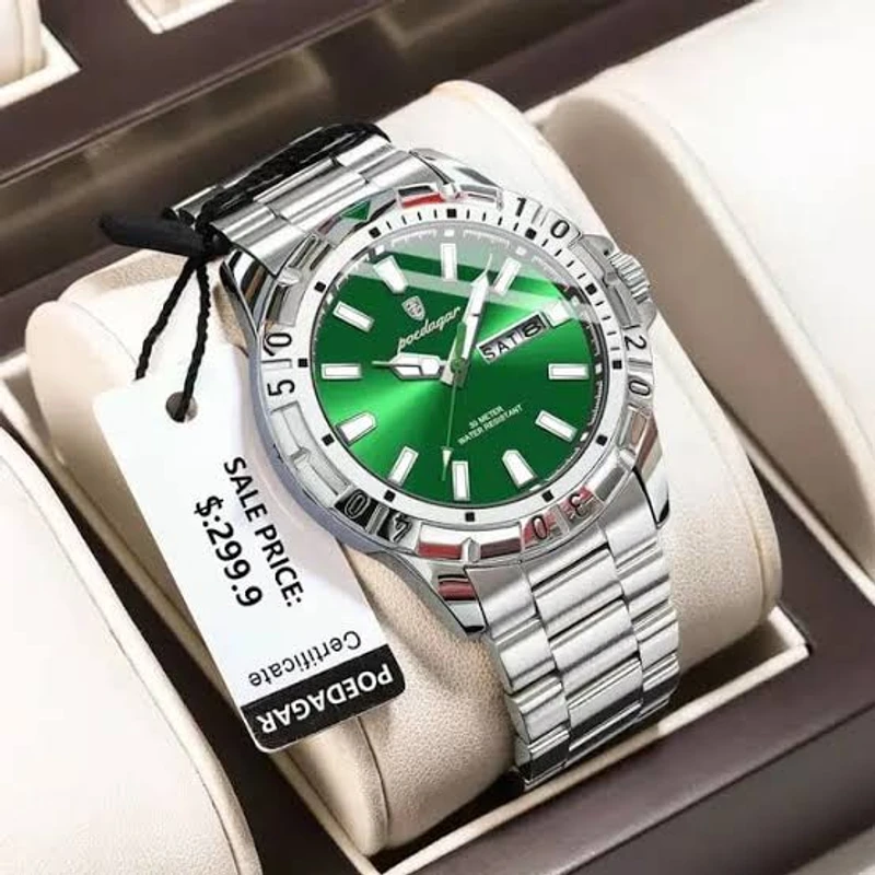 POEDAGAR 959 Exclusive Men's Wrist Watch Stainless Steel Fashionable Quartz Watch- Silver Green