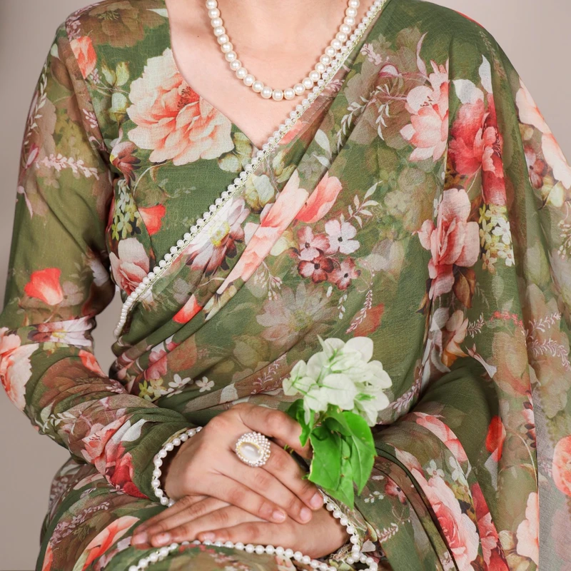 Printed weightless marble saree with pearl border - Thumbnail 3