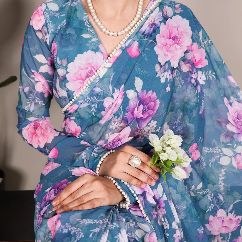 Printed weightless marble saree with pearl border - Thumbnail 4